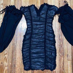 Black Off/On The Shoulder Ruffled Bodycon Dress